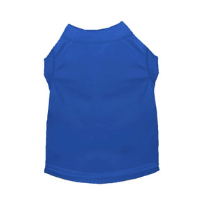 Flat lay of blue blank pet t-shirt showing back view, perfect for custom printing, embroidery, or vinyl design applications