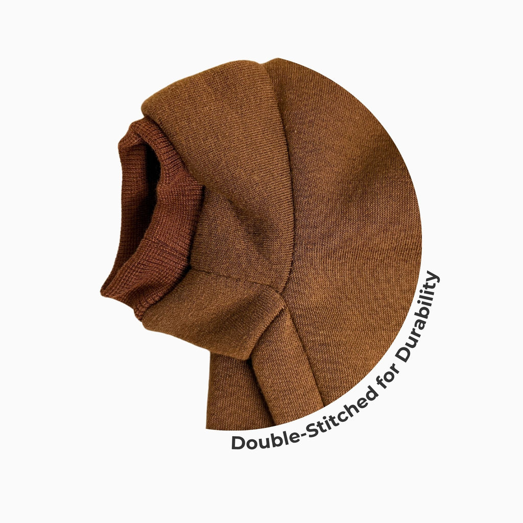 Close-up of brown pet hoodie showing double-stitched seam detail for added durability and structure.