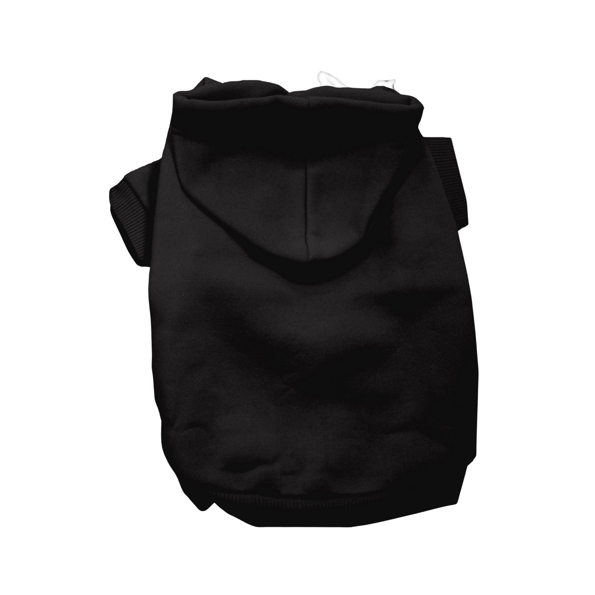 Black blank dog hoodie flat lay, back view with hood and short sleeves - perfect for custom printing or plain wear.