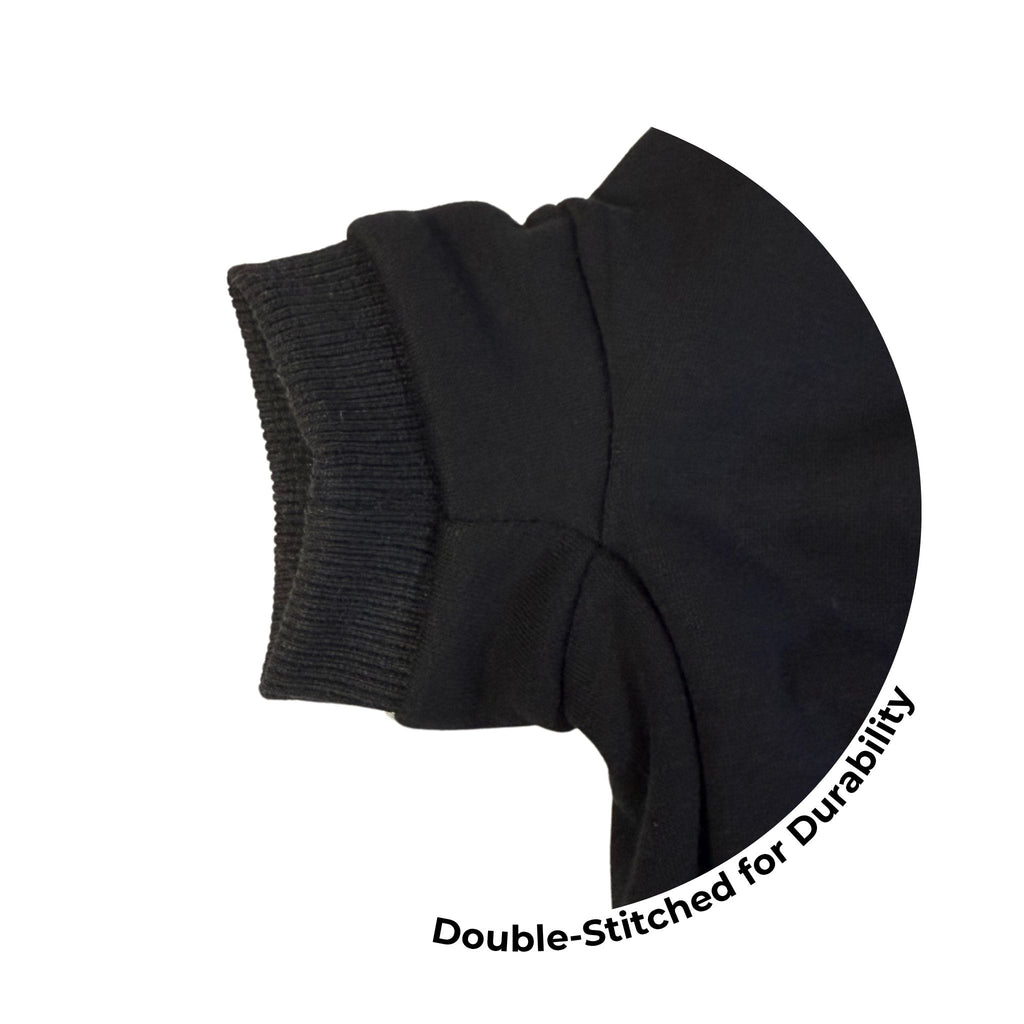 Close-up of black blank dog hoodie sleeve showing double-stitched seams - durable construction for crafting, resale, or daily wear.