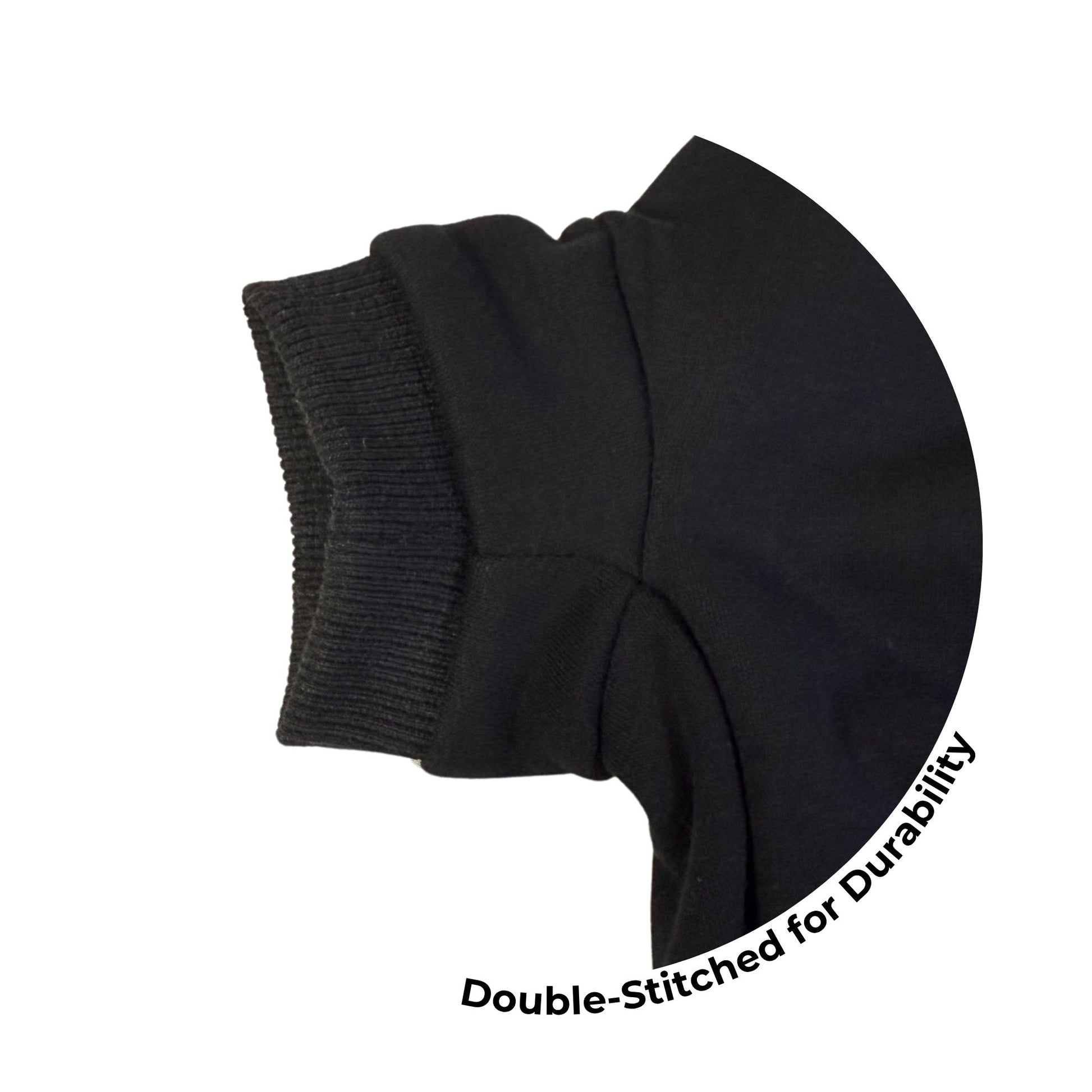 Close-up of black blank dog hoodie sleeve showing double-stitched seams - durable construction for crafting, resale, or daily wear.