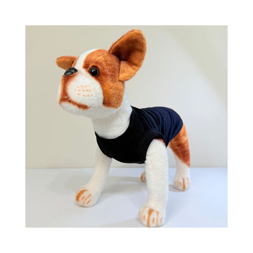 Front angle of stuffed dog wearing a black blank pet t-shirt - clear view of neckline and fit