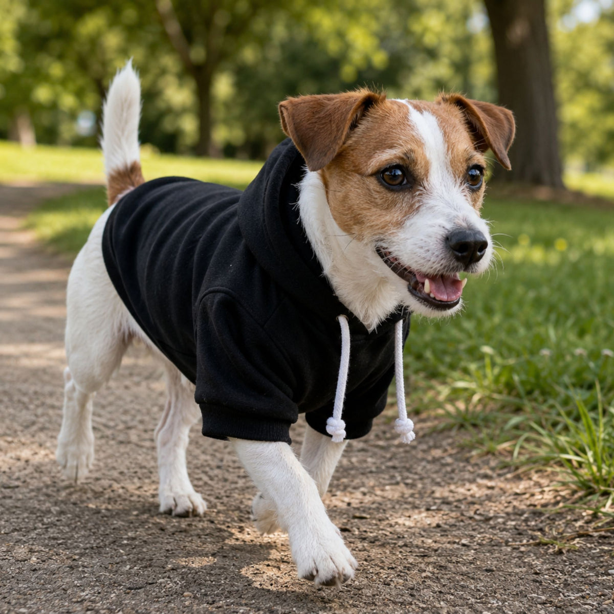 Small dog wearing a black Performance dog hoodie, shown as a fit reference.