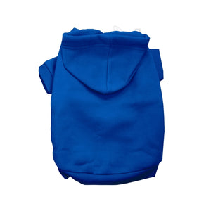 Flat lay of blue dog hoodie shown from the back with a hood and short sleeves, highlighting the clean stitching and ribbed hem.