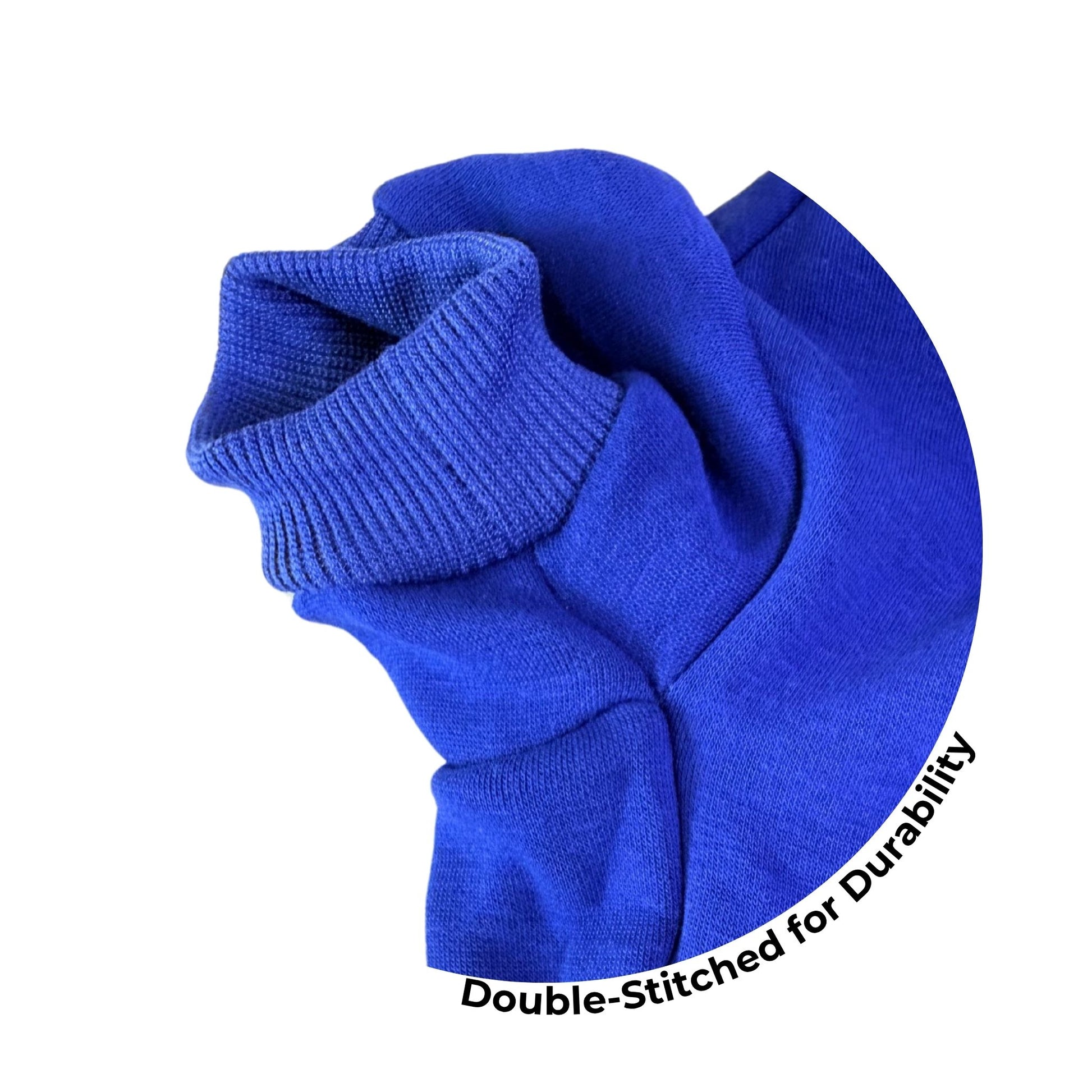 Close-up of blue pet hoodie seam highlighting double-stitched construction for extra durability