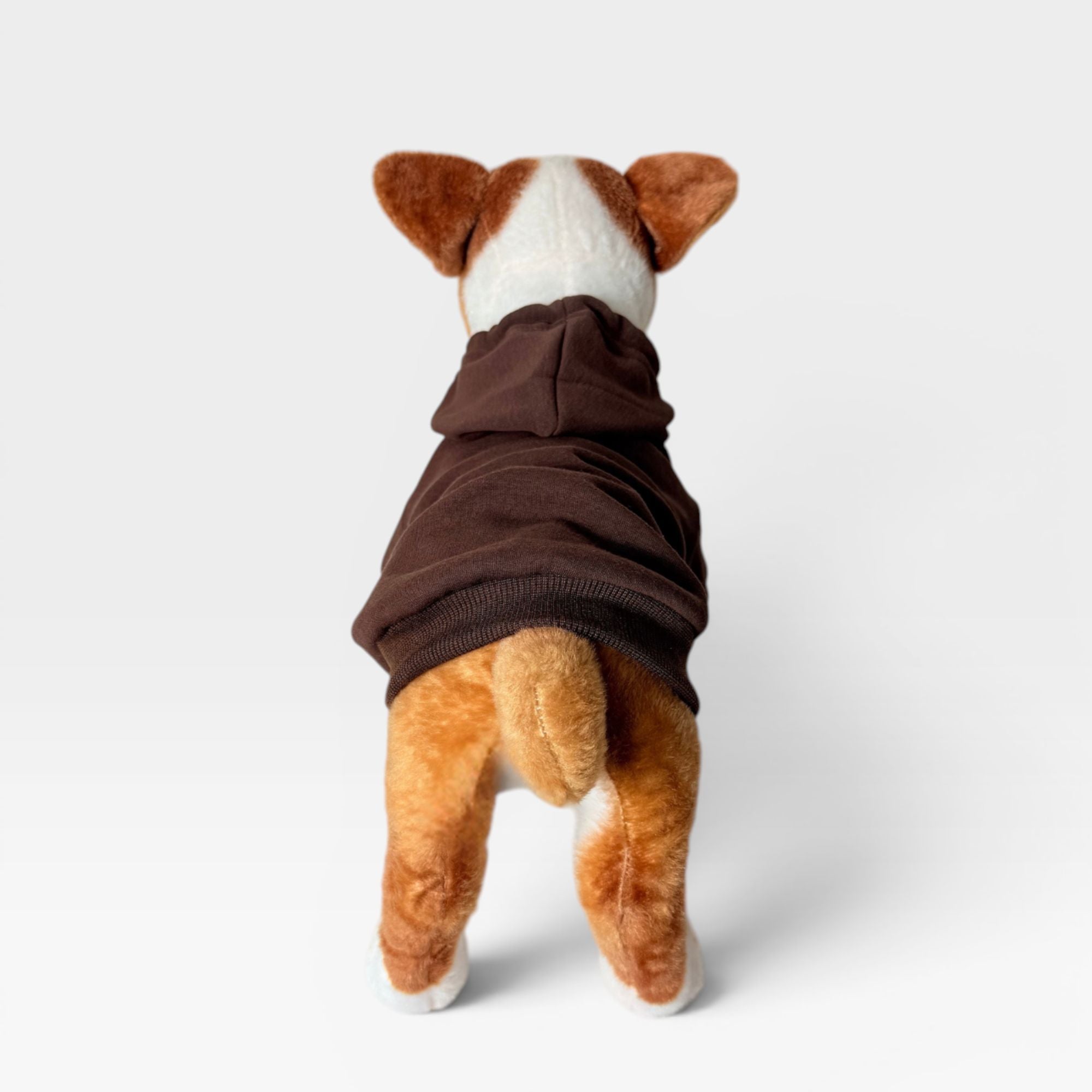 Brown blank dog hoodie shown from the back on a dog model