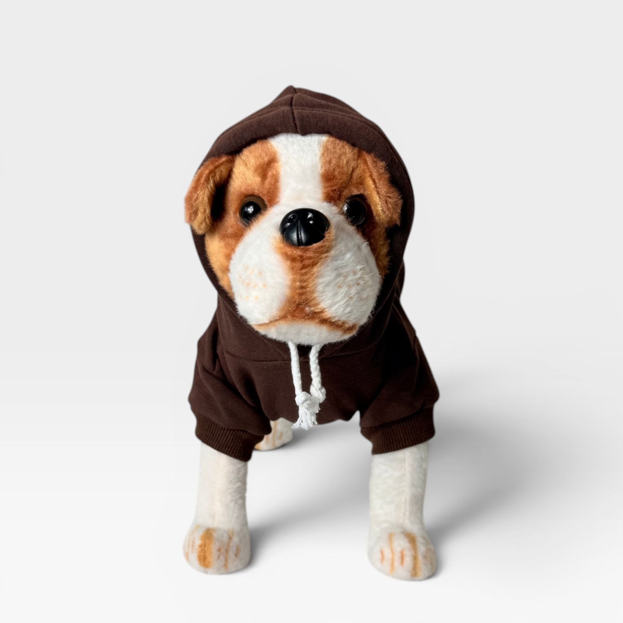 Brown blank dog hoodie shown from the front with hood up on a dog model