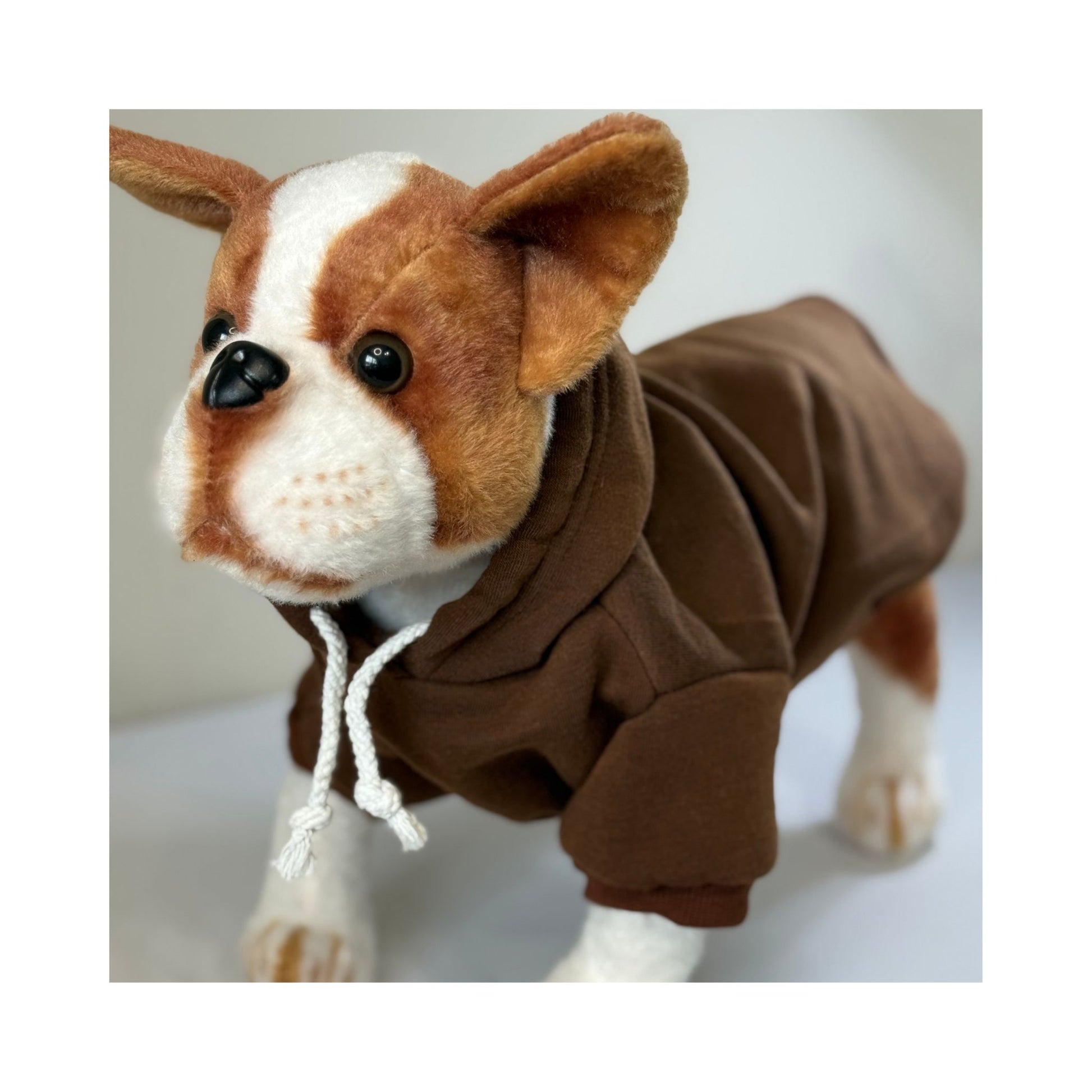 Brown dog hoodie modeled on stuffed dog toy – pet clothing for small dogs and crafters