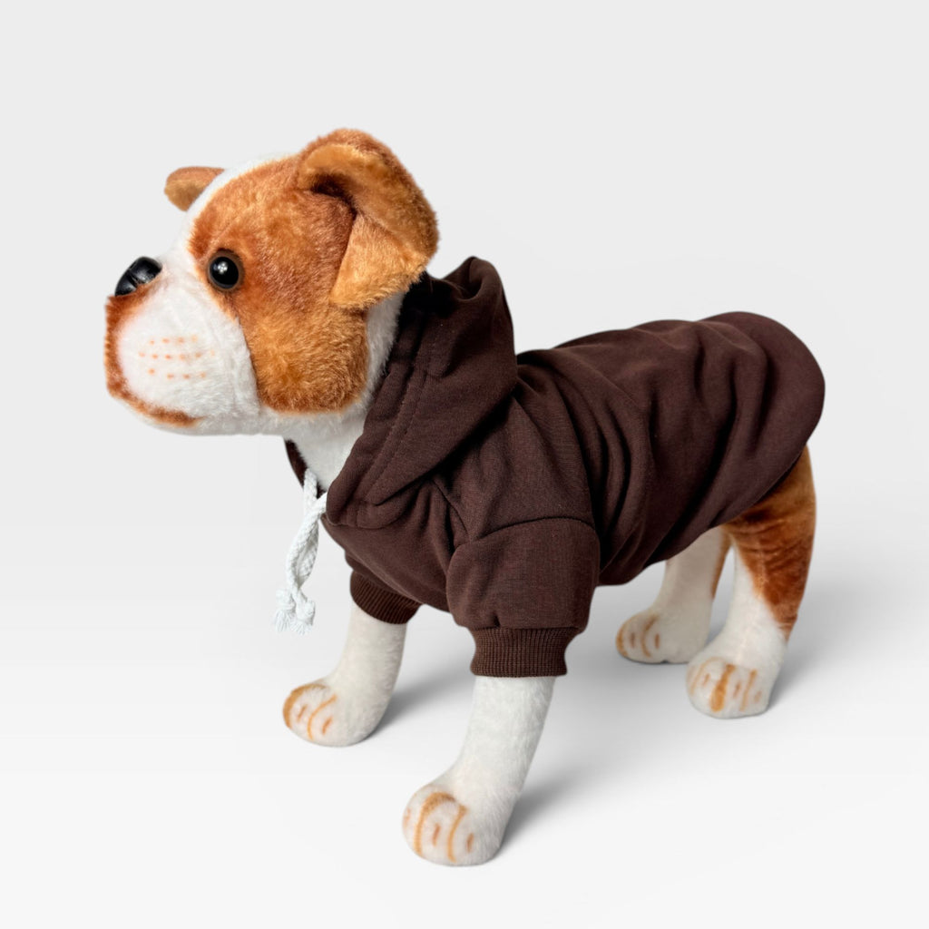Brown blank dog hoodie shown at an angle with hood and sleeve details