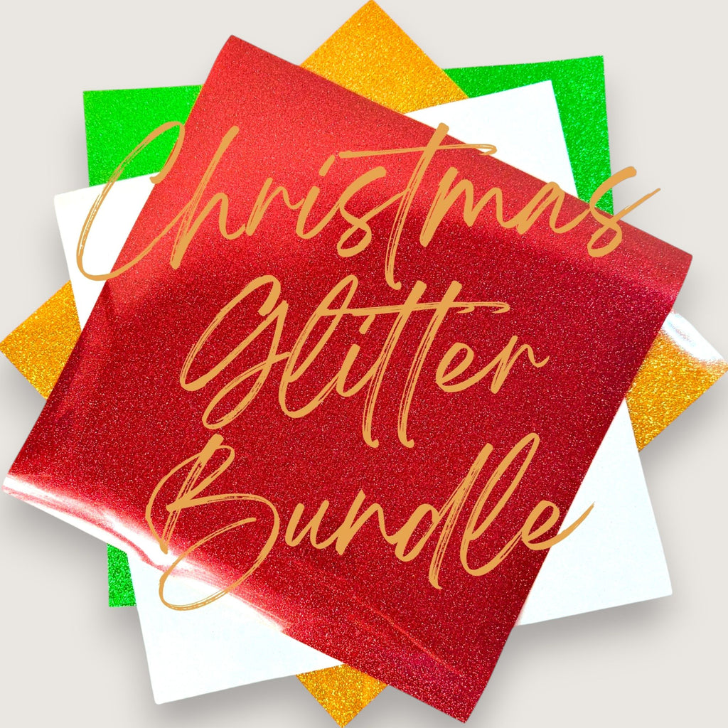 Christmas glitter HTV bundle featuring layered red, white, green, and gold glitter heat transfer vinyl sheets with text overlay.