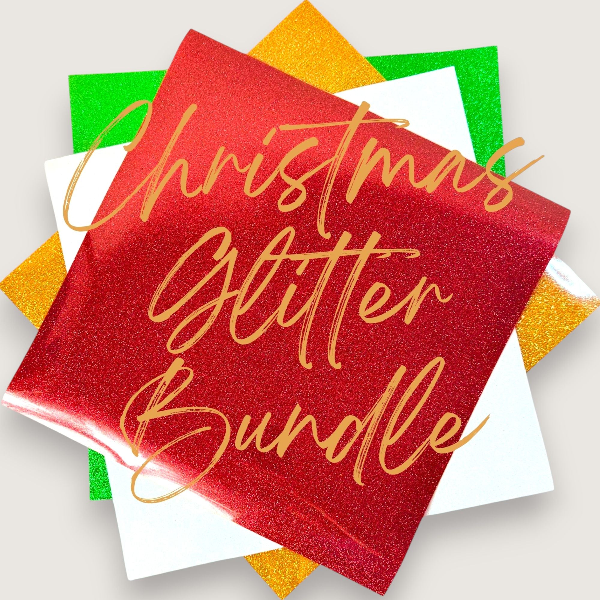 Christmas glitter HTV bundle featuring layered red, white, green, and gold glitter heat transfer vinyl sheets with text overlay.