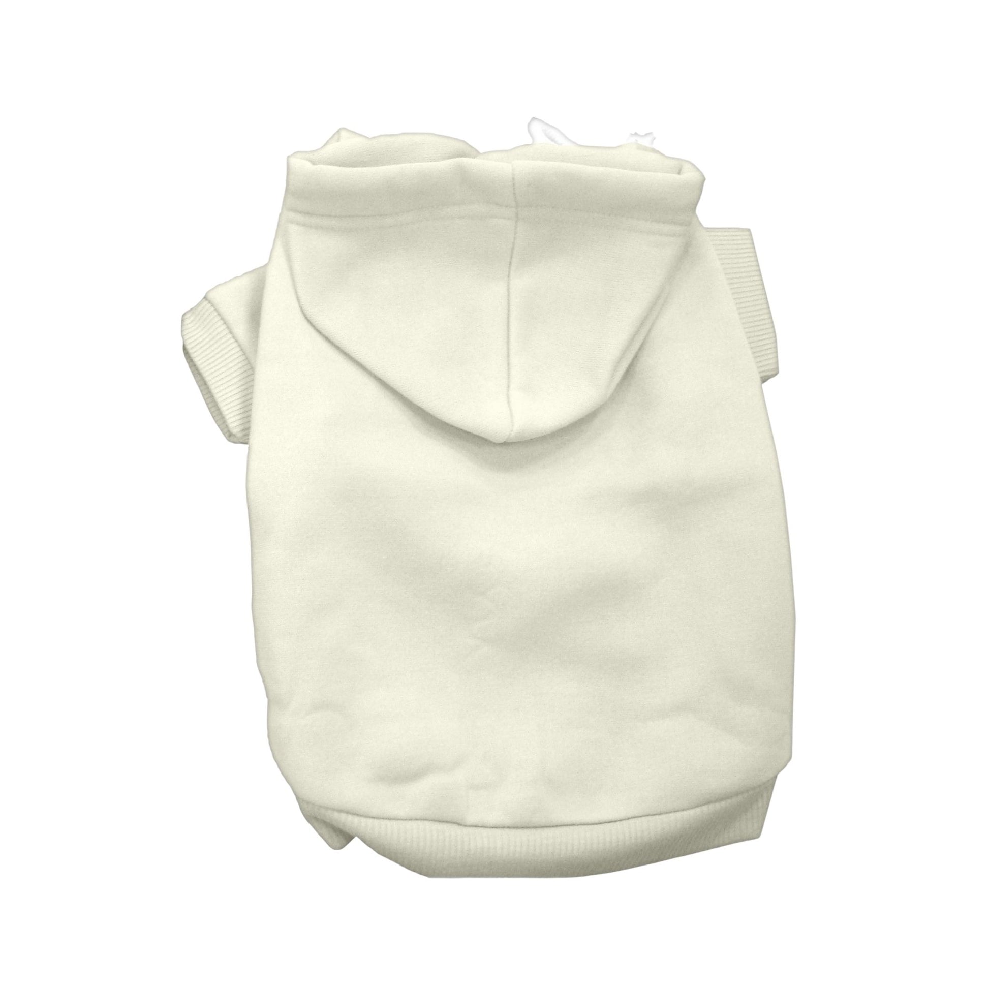 Cream-colored dog hoodie shown flat from the back with hood and sleeves visible.