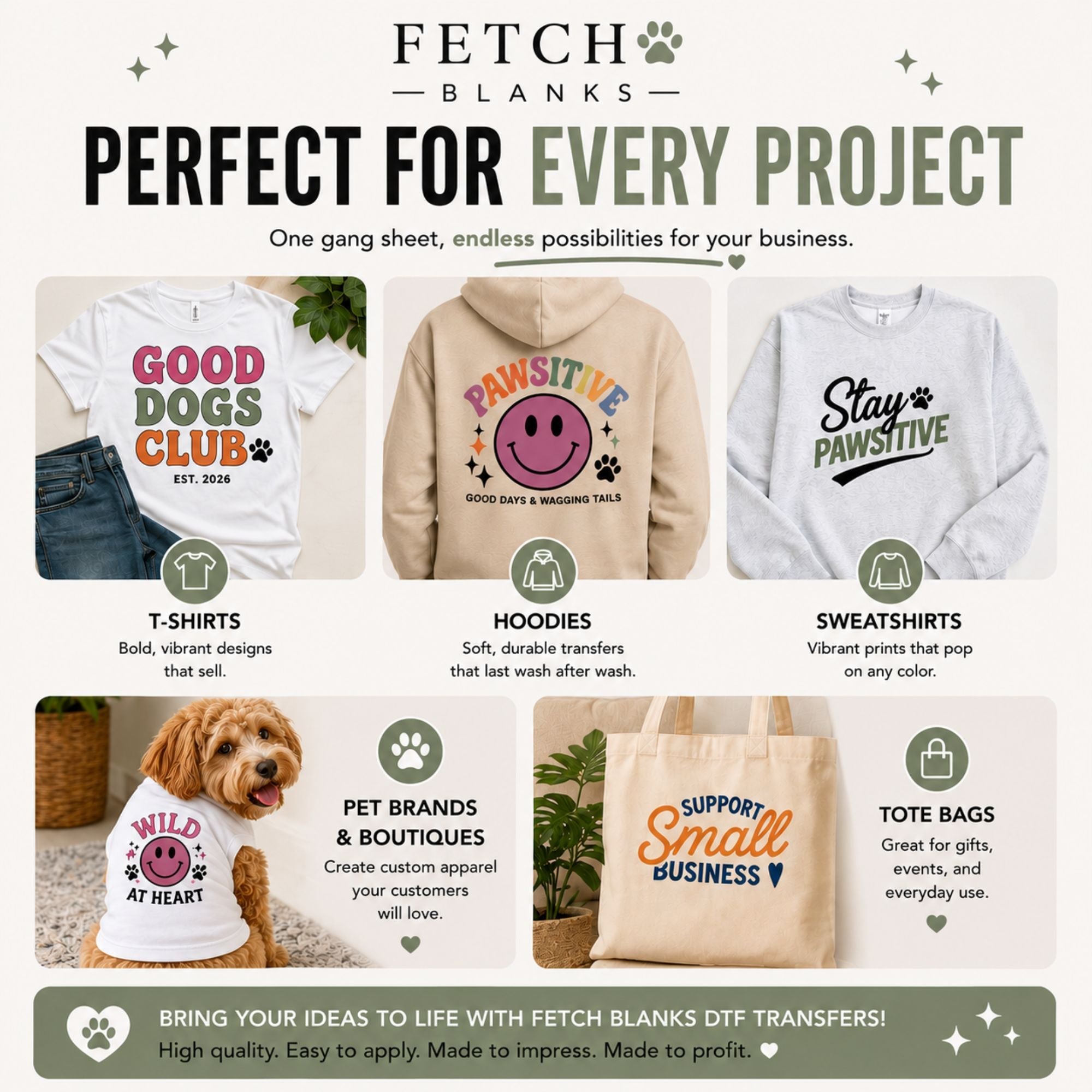 Custom DTF Gang Sheet Transfers | Upload Your Artwork – blank dog apparel for makers and small brands | Fetch Blanks