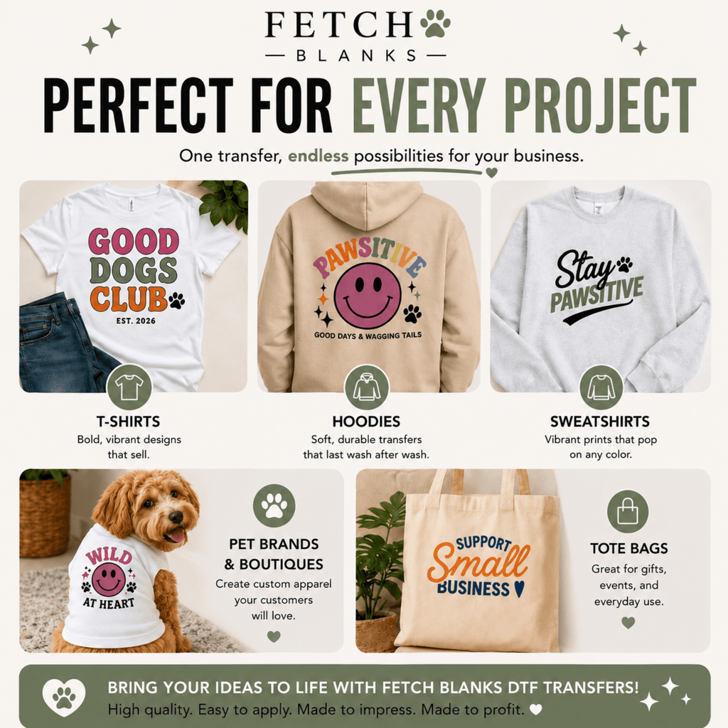 Custom Logo & Design DTF Transfers – blank dog apparel for makers and small brands | Fetch Blanks