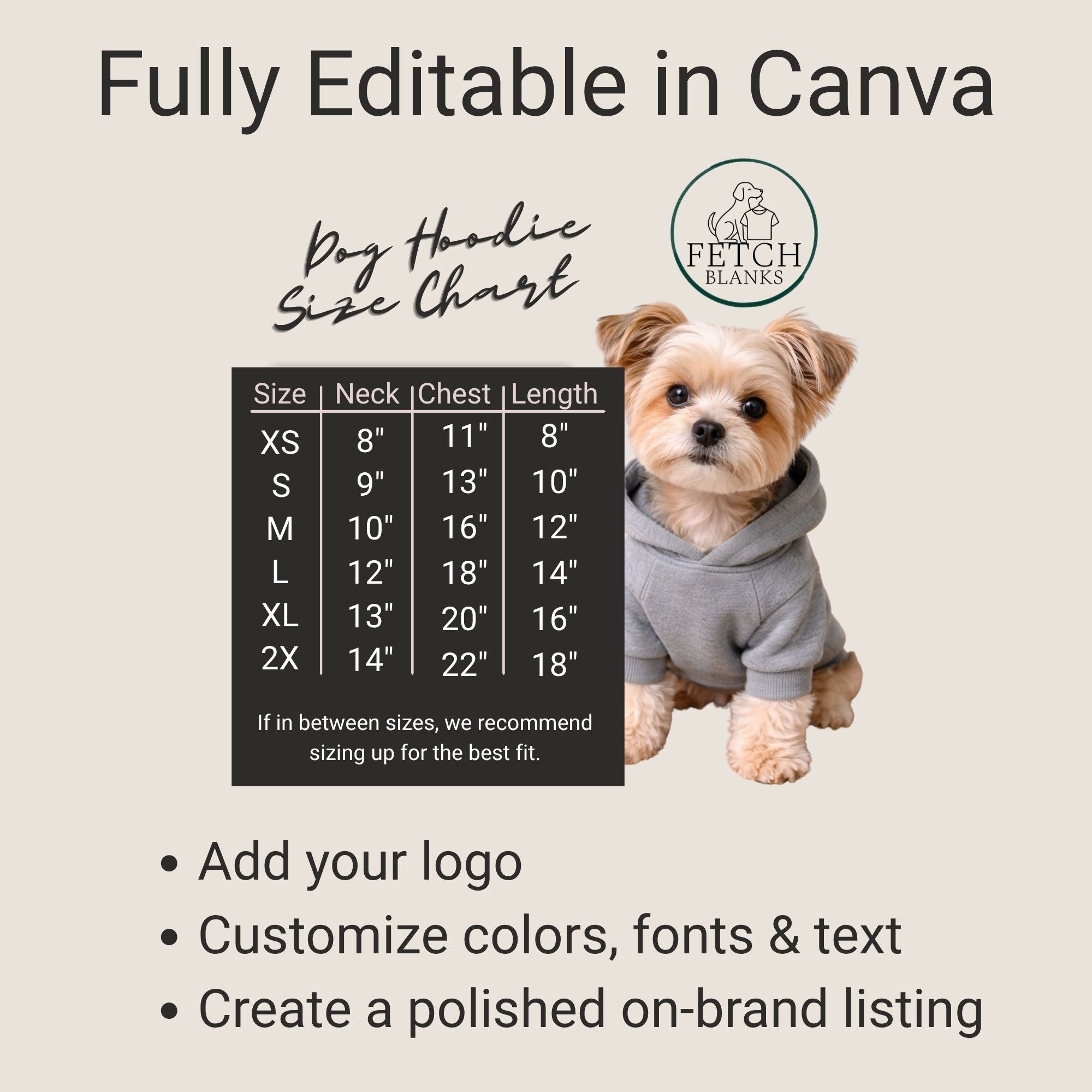 Editable Dog Hoodie Size Chart Template – Canva Download for Pet Clothing Brands – blank dog apparel for makers and small brands | Fetch Blanks