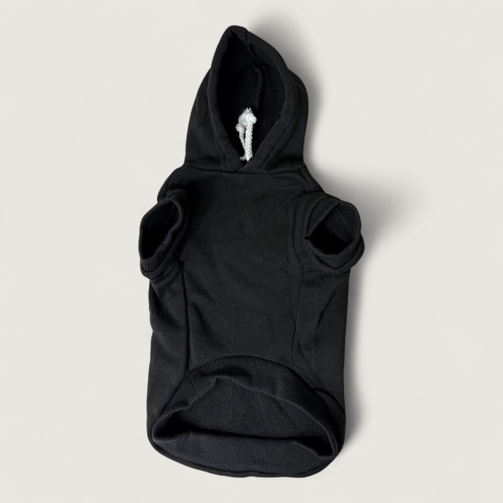 Polyester Dog Hoodie - Black, front flat lay – blank dog apparel for makers and small brands | Fetch Blanks