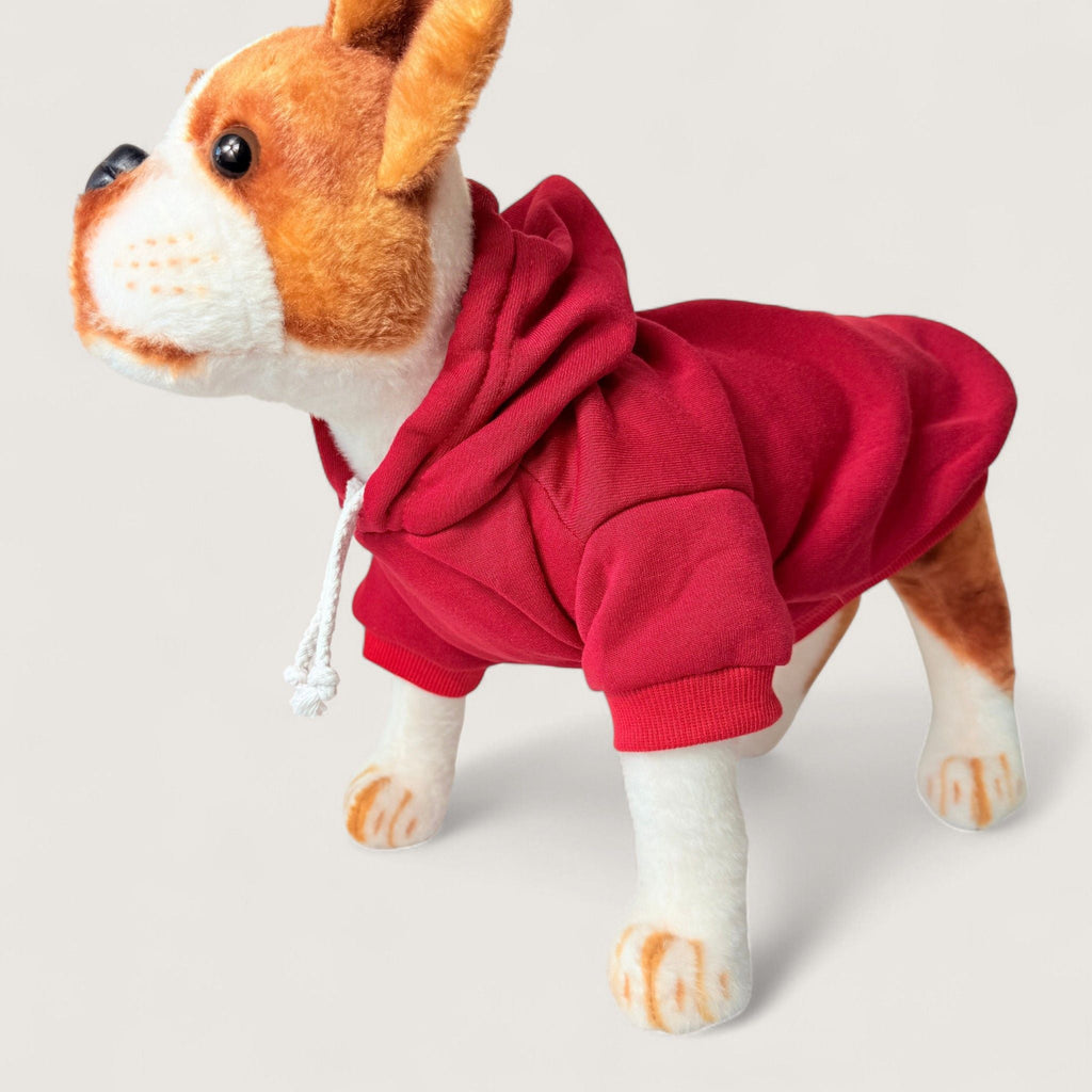 Polyester Dog Hoodie - Red, left front angle view – blank dog apparel for makers and small brands | Fetch Blanks