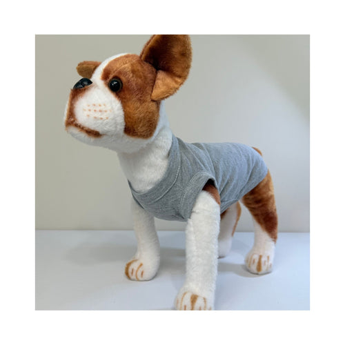 Stuffed dog model in gray blank t-shirt - clean front angle view ideal for pet brand mockups, minimal prints, or year-round basics