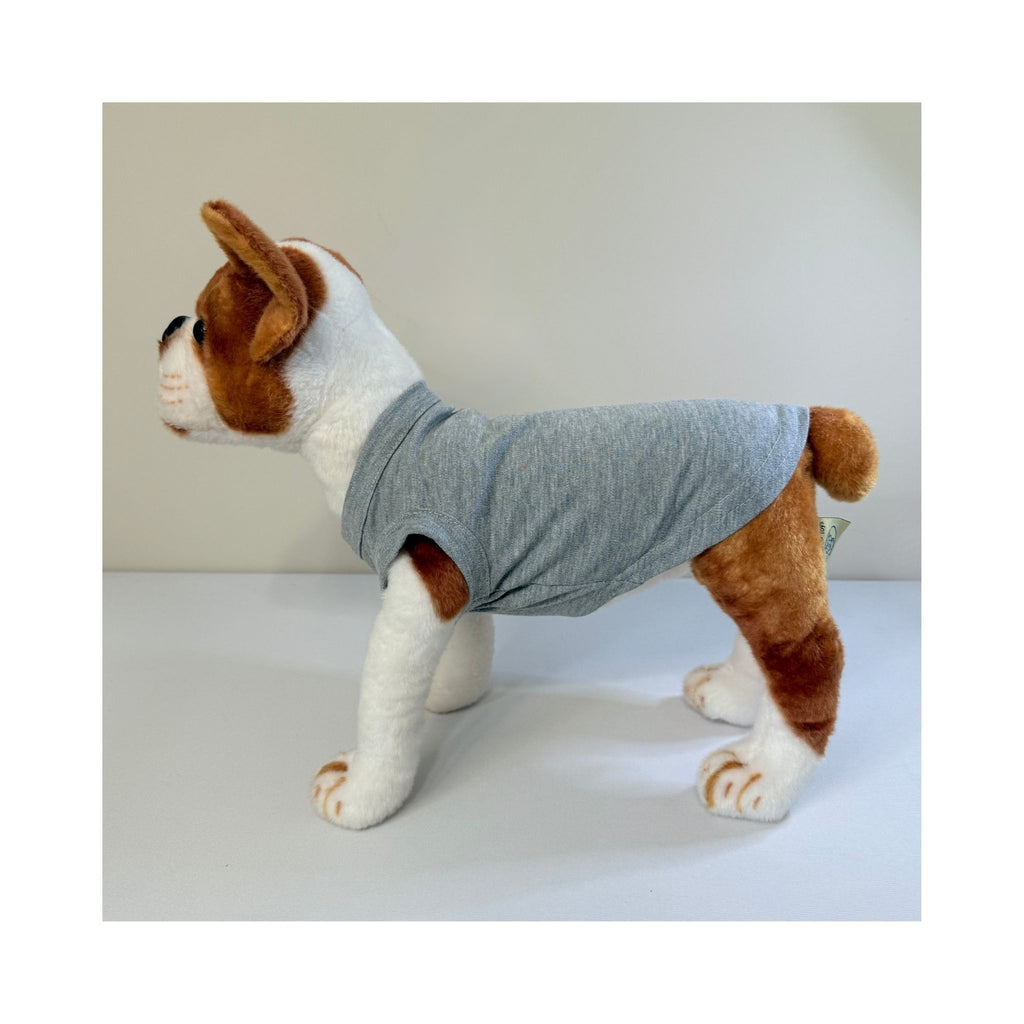 Stuffed dog model in gray blank dog t-shirt - profile side view showing length and sleeve fit