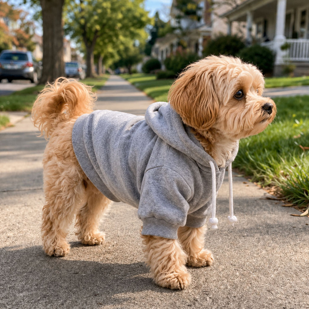 A small fluffy tan dog standing on a suburban sidewalk wearing a gray hoodie with white drawstrings.