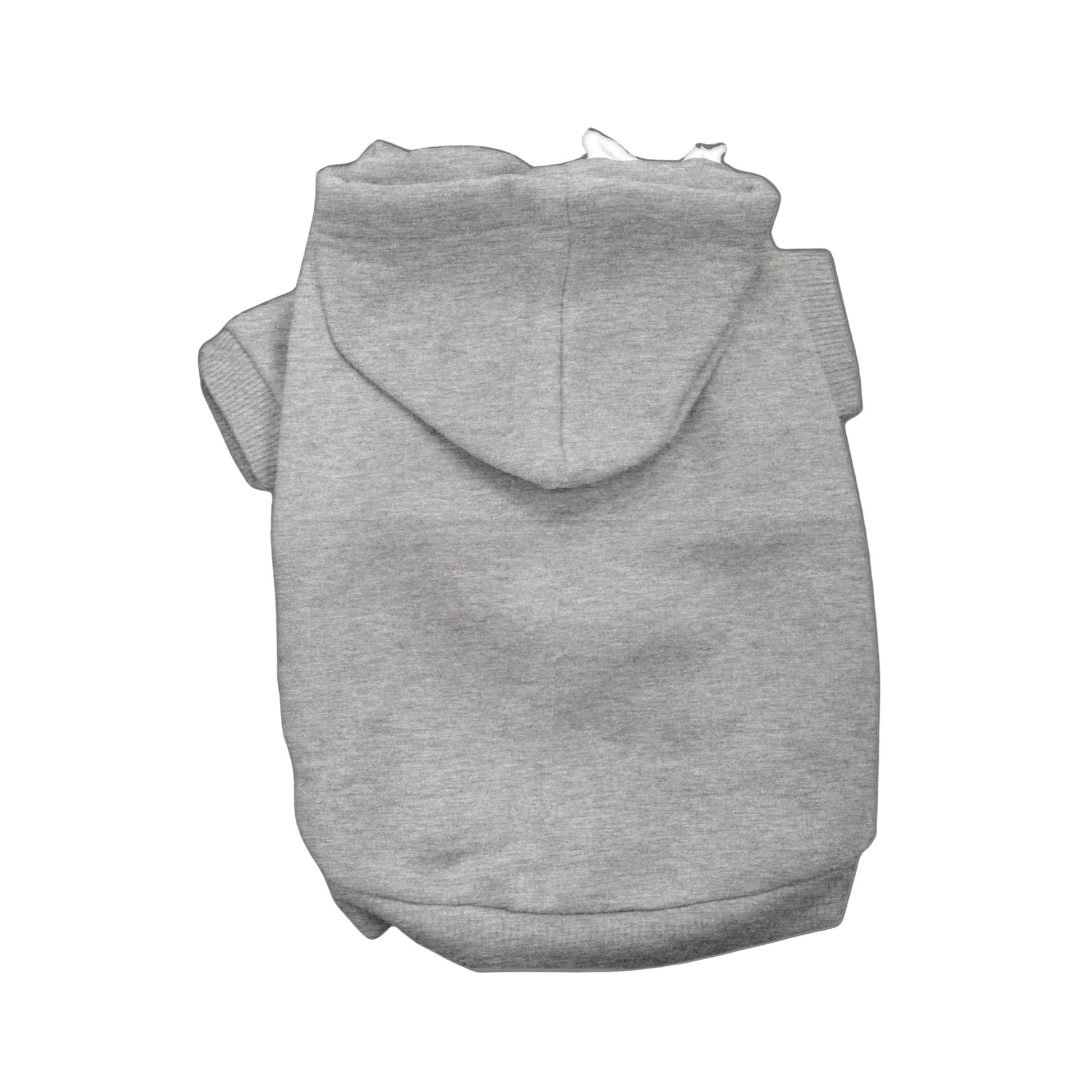 Grey blank dog hoodie with hood and ribbed trim, laid flat on a white background, ideal for custom printing or embroidery.