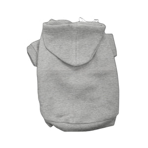 Grey blank dog hoodie with hood and ribbed trim, laid flat on a white background, ideal for custom printing or embroidery.