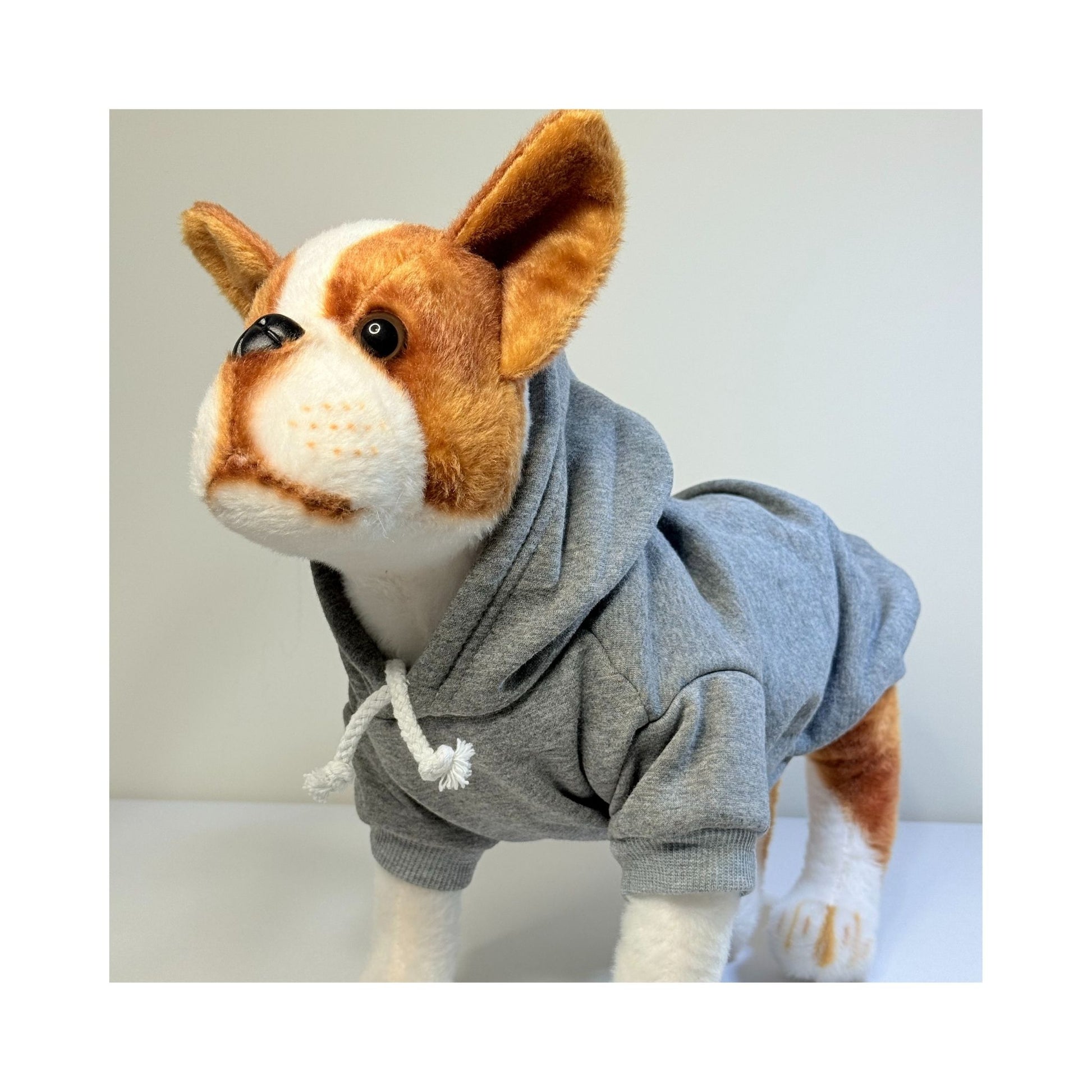 Front view of a plush dog mannequin wearing a grey hoodie with white drawstrings, facing slightly left.