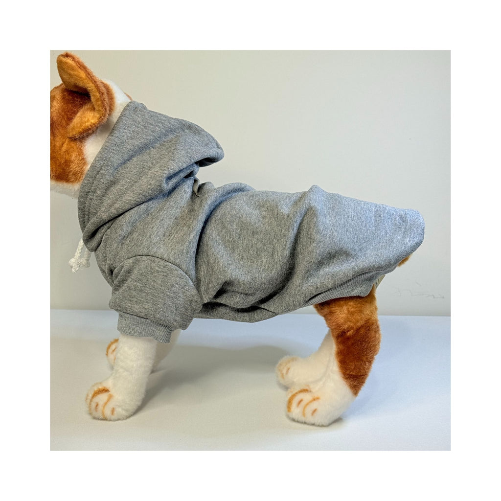Side view of a plush dog mannequin wearing a grey fleece-lined hoodie, showing full body fit and sleeve length.