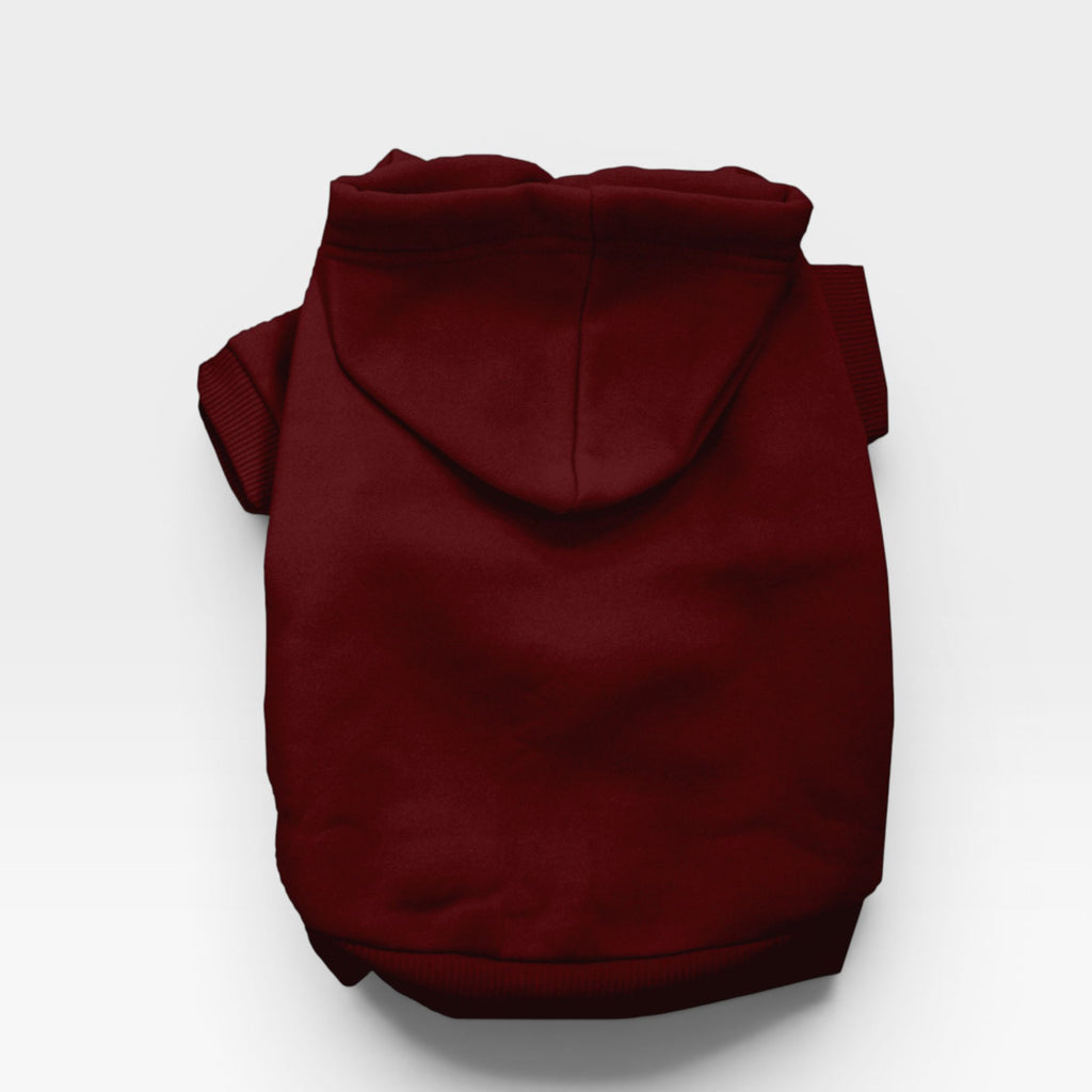 Maroon blank dog hoodie laid flat showing hood and sleeves