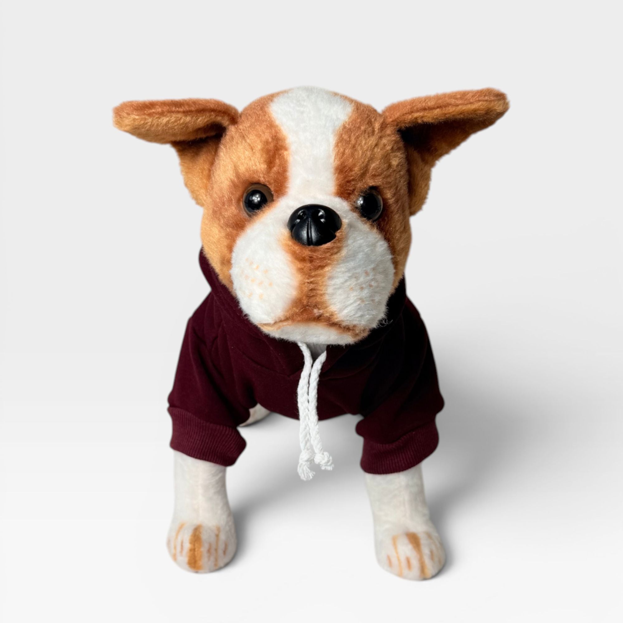 Maroon blank dog hoodie shown from the front on a dog model