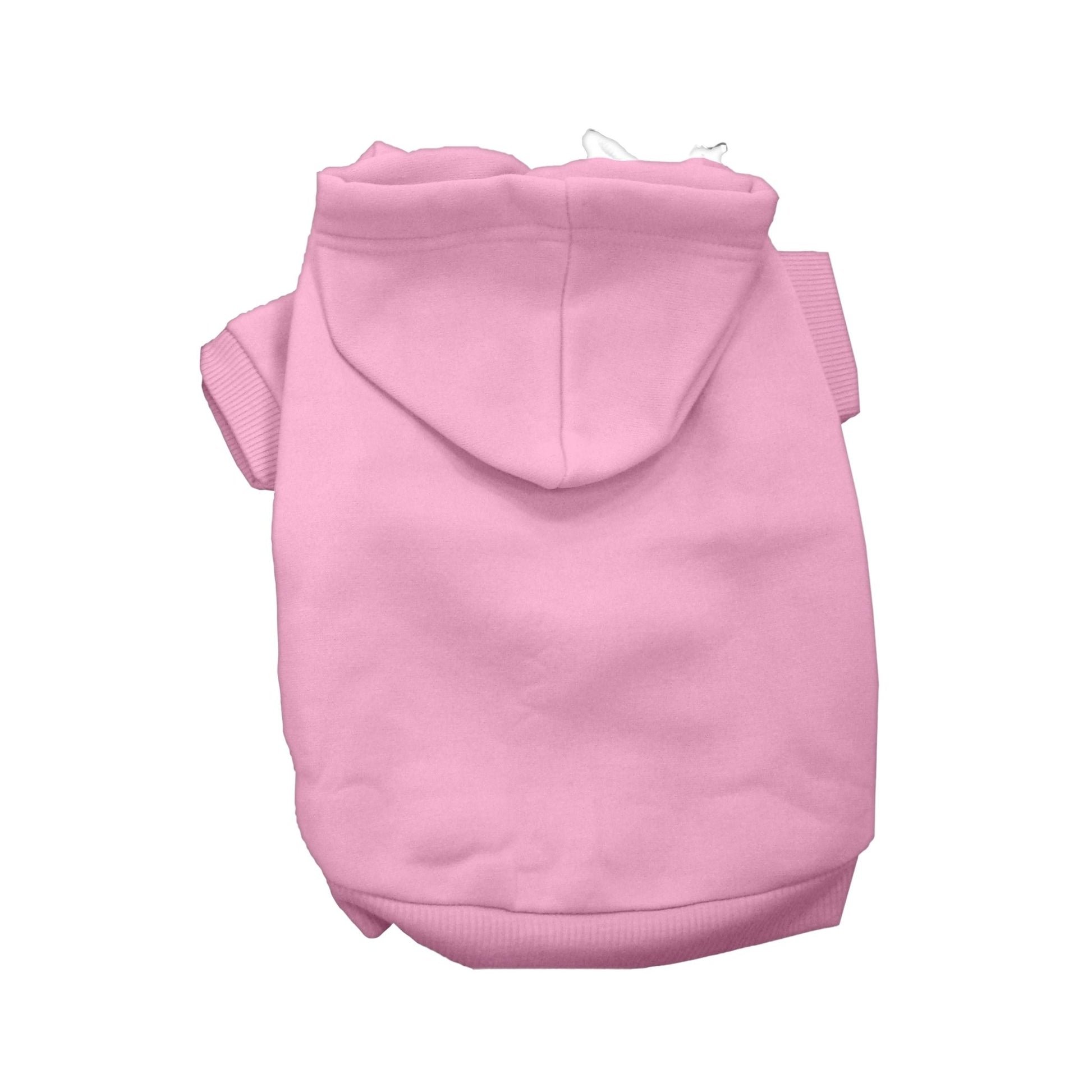 Flat lay of a pink dog hoodie with hood and ribbed trim, shown from the back