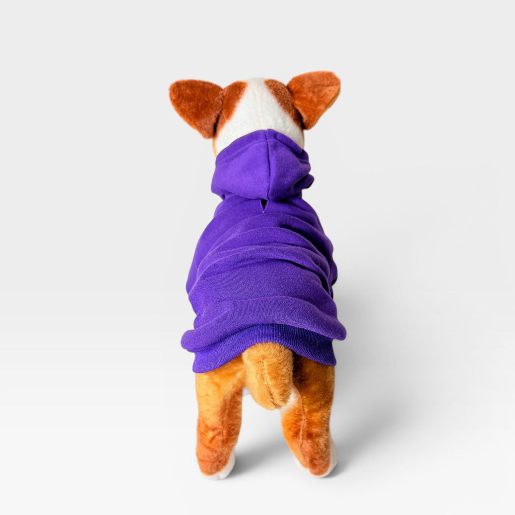 Purple blank dog hoodie shown from the back on a dog model