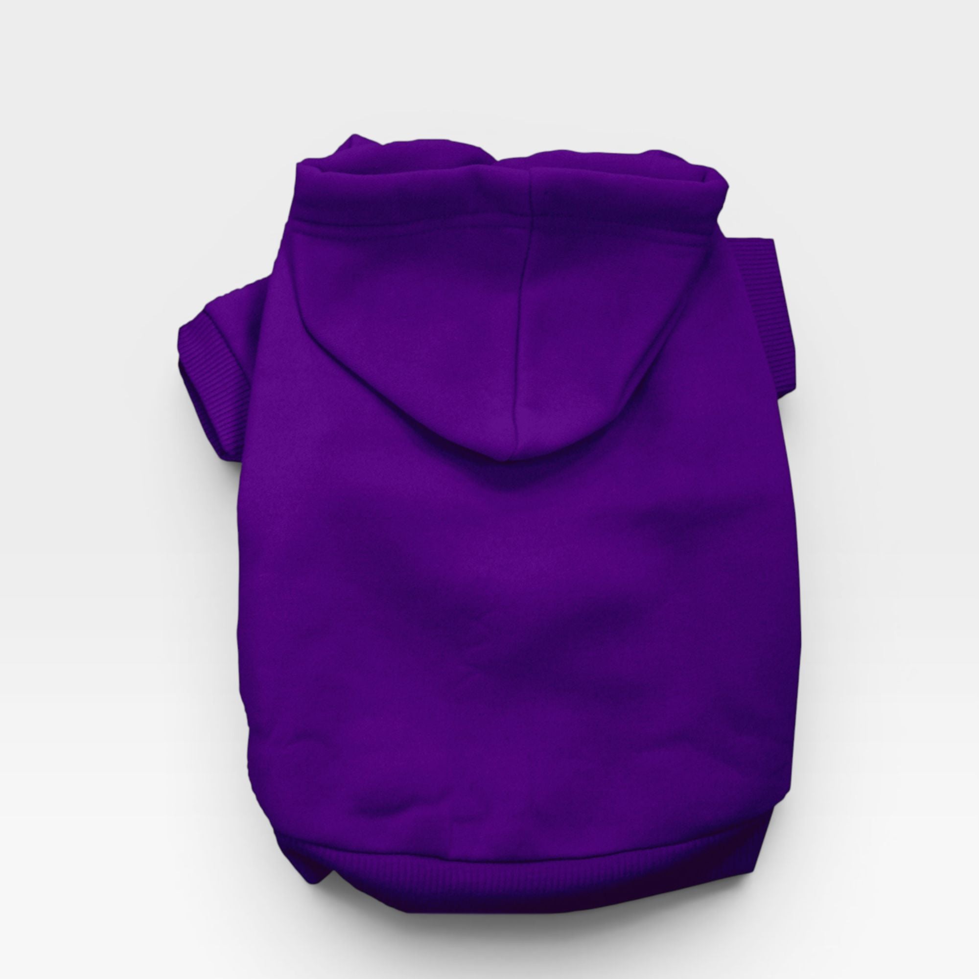 Purple blank dog hoodie laid flat showing hood and sleeves