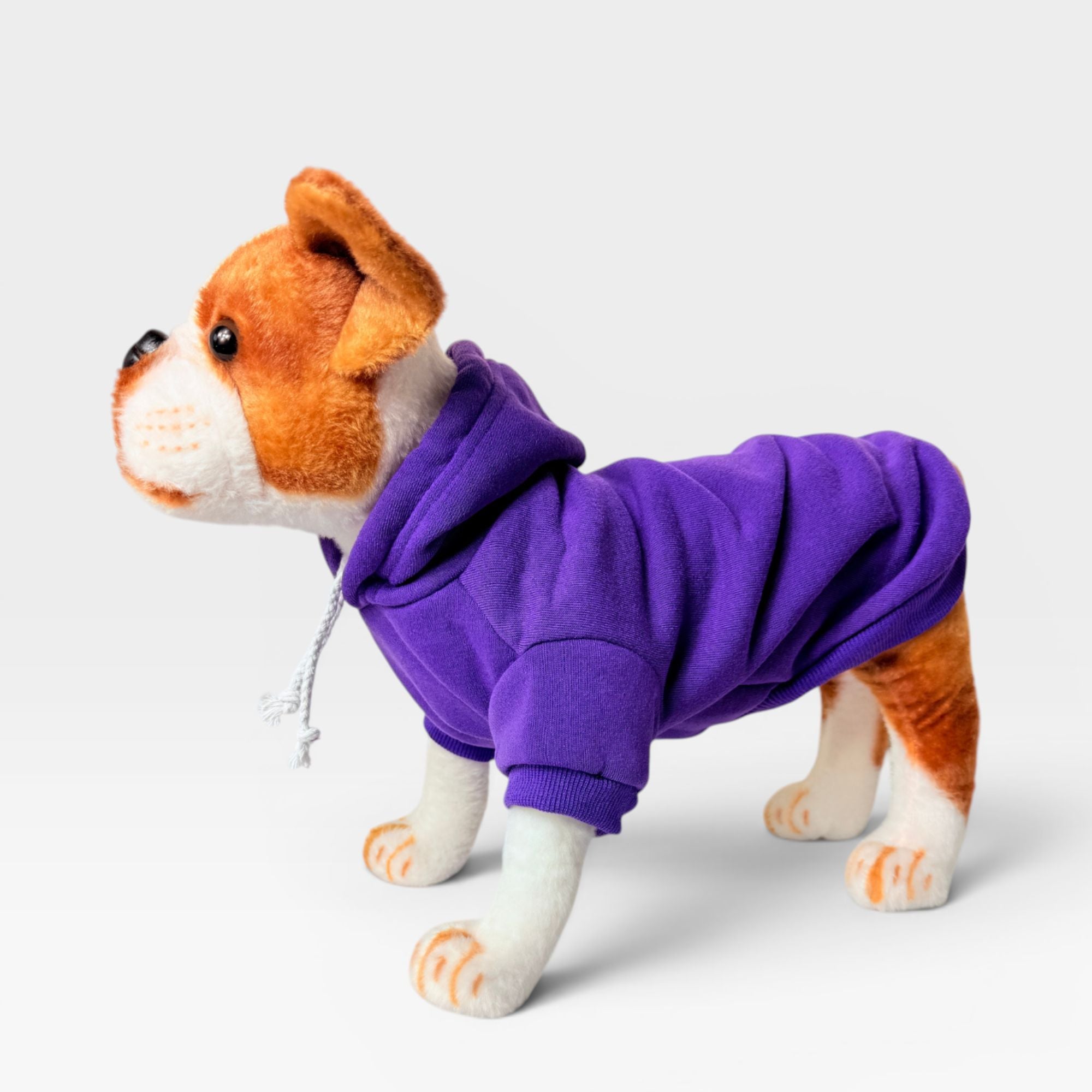 Purple blank dog hoodie shown at an angle with hood and sleeve details
